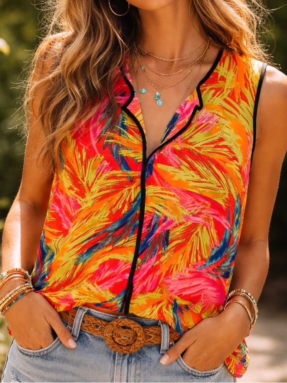 Vintage Appraisal Neon Tropical Palm Blouse XL Colorful Resort Top